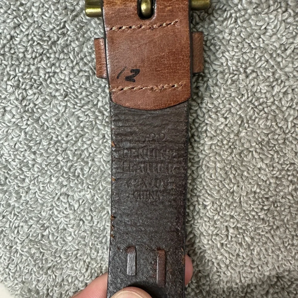 Genuine Leather Brown Belt Mens 42 Brass Buckle Textured Casual 1.5 Inch Wide
